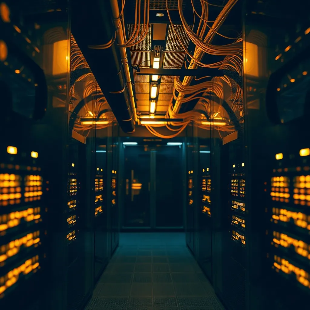 High-tech server room with golden lighting and fiber optic c
